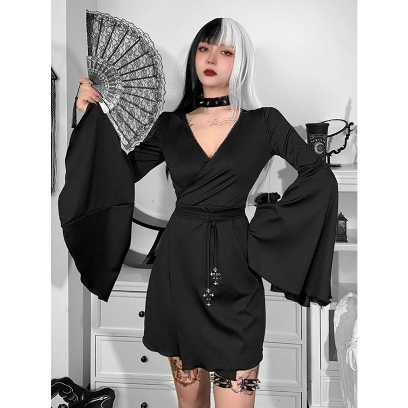 Goth dress gothic clothing emo alt clothing Gothic Flare Sleeve Dress V-neck Aesthetic Black Mini Dress Harajuku Elegant Party Sexy A-LINE