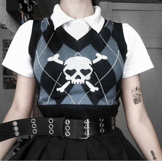 Goth emo Gothic Skull Print Sweater Vest top shirt Harajuku Punk Sexy V Neck Sleeveless Copped Tops Grunge Autume Winter Women Knitted Tops # 291