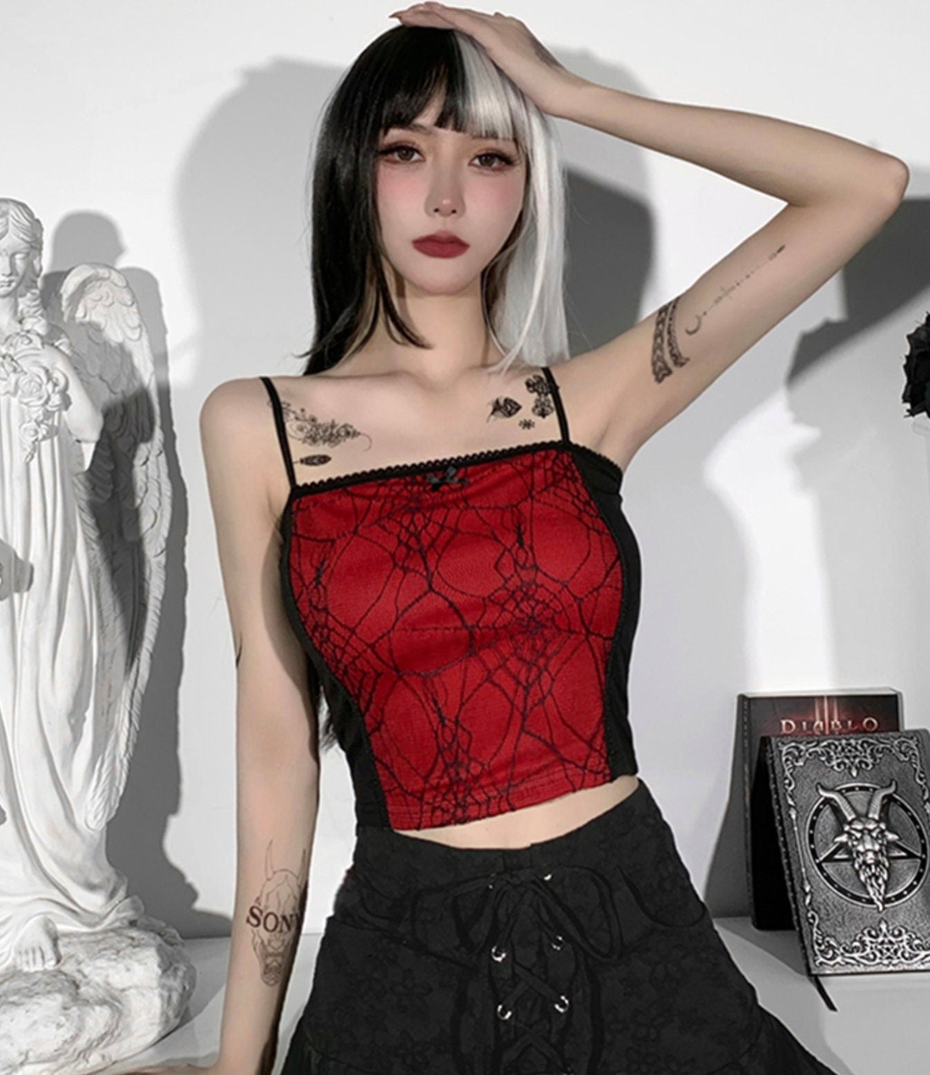 Goth emo Grunge Goth Top Vintage Harajuku Sexy Cut Out Zipper Camisole Punk Spider Net Graphic Backless Summer Basic Crop Camis # 289