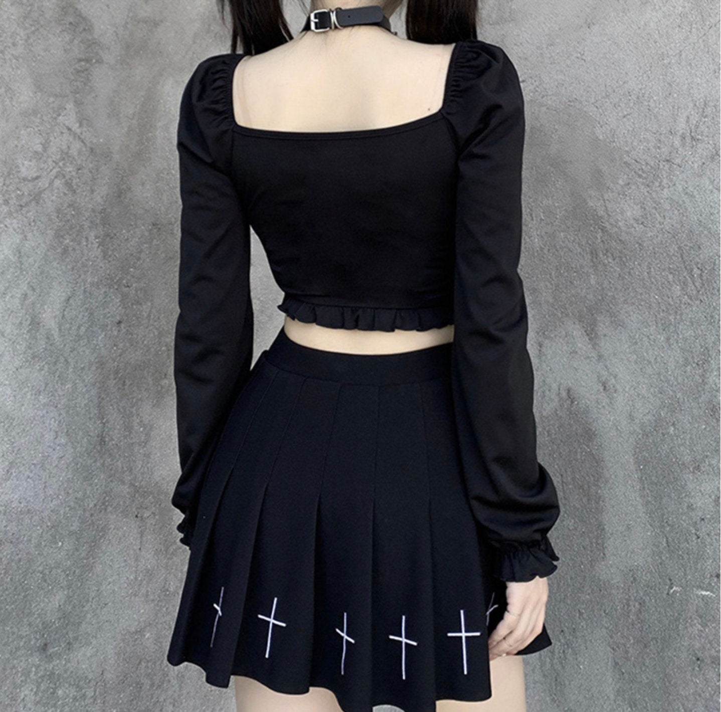 Goth Black Bodycon Crop Top Women's T-Shirts Aesthetic Sexy V-Neck Long Sleeve Corset Y2K Harajuku Vintage Korean Fashion Tops # 293