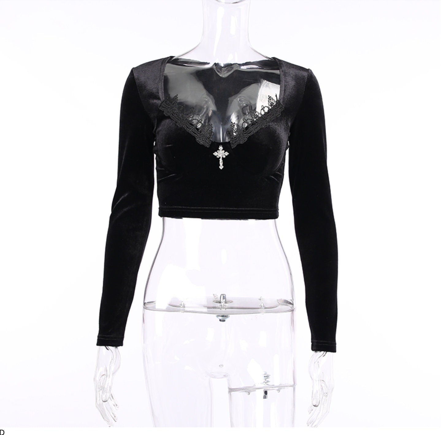 Goth gothic emo Black Bodycon Crop Top Women's T-Shirts Aesthetic Sexy V-Neck Long Sleeve Corset Y2K Harajuku Vintage Korean Fashion Tops # 294