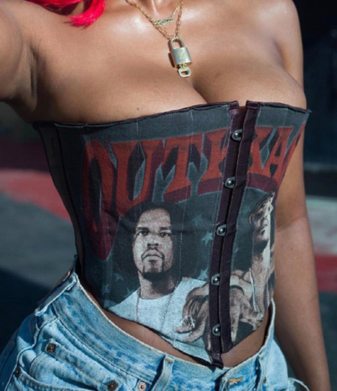 InsGoth Grunge Punk Portrait Print Black Camis Streetwear Sleeveless Backless Tube Hidden Button Corset Tops E Girl Goth Clothes gothic goth # 298