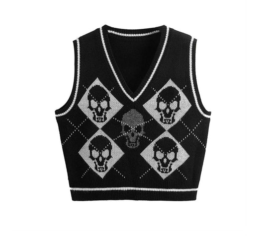 Goth emo punk Y2K Gothic Knit Sweater Vest Skull Argyle Print Pattern Knitwear V-neck Pullover Fashion Jumper Top Women Halloween Streetwear # 155