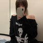 Gothic goth Punk Skull Print Women T Shirt Emo Goth White Off Shoulder Long Sleeve T-shirt Streetwear Black Irregular Dark Tops # 301