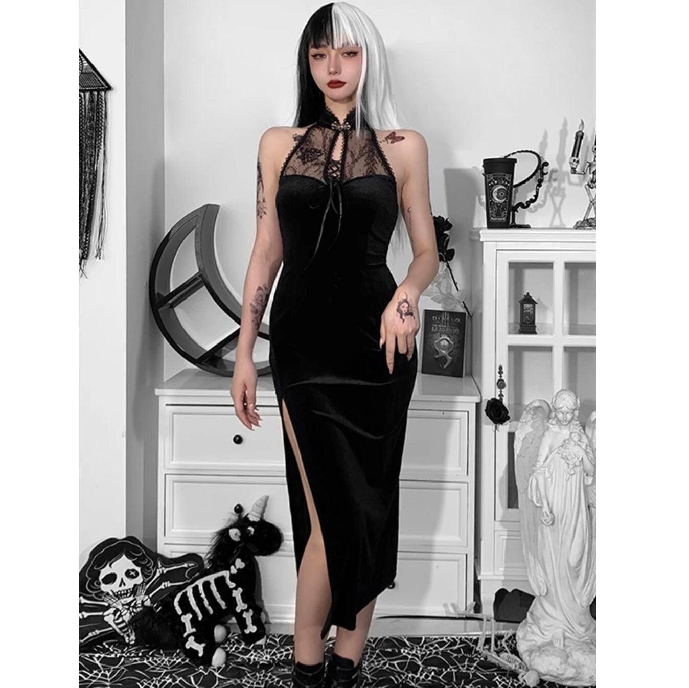 Gothic dress goth dress goth clothing Vintage Gothic Hollot Out Lace Up Dress Aesthetic Sexy Long Dresses Sleeveless Women Partyclub Dress # 119