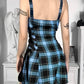 InsDoit Gothic Plaid Bandage Black Blue Dress Women Vintage goth emo Sleeveless Zipper Sexy Mini Dress Punk Aesthetic Summer A Line Dress  # 55
