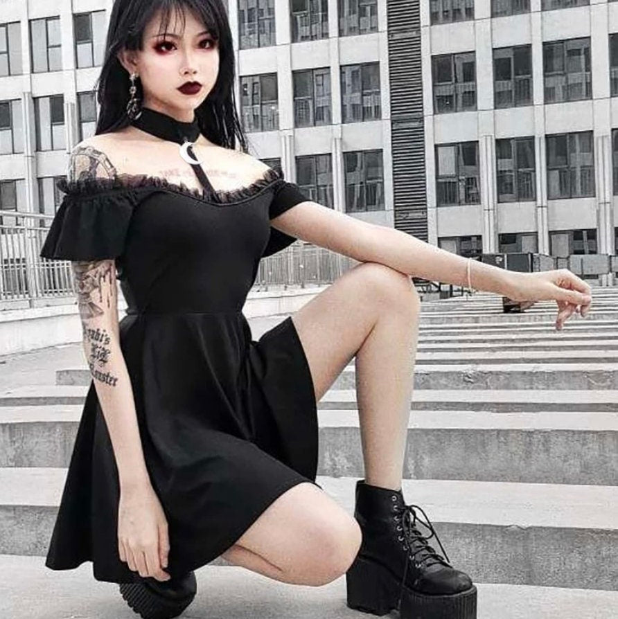 Casual Hollow Out Black Mini Dress Vintage Bandage Harajuku Punk Mesh Moon Female Gothic Streetwear Punk Patchwork Emo 90s Dress # 125