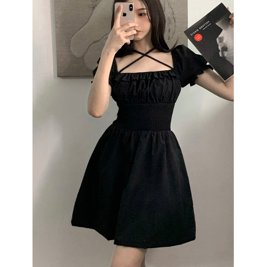 Gothic Women Mini Dress Ruffles Summer Vintage Dark Dress Party Dresses 90s Aesthetics Slim Elastic Waist Clubwear goth emo dark lolita  # 128