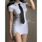 lil schoolgirl Y2K Side Split Elegant Casual Fashion Necktie T Shirt Mini Sexy Women Party Dress Korean Student Dresses Gothic goth emo dark # 129