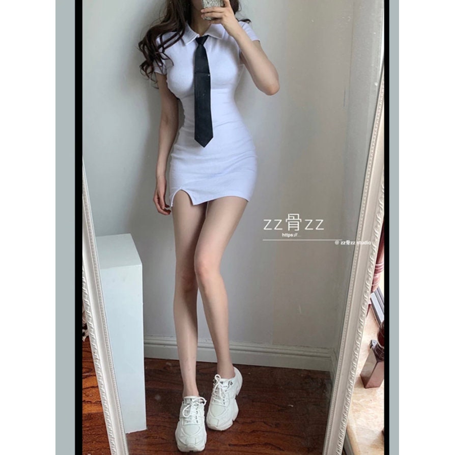 lil schoolgirl Y2K Side Split Elegant Casual Fashion Necktie T Shirt Mini Sexy Women Party Dress Korean Student Dresses Gothic goth emo dark # 129