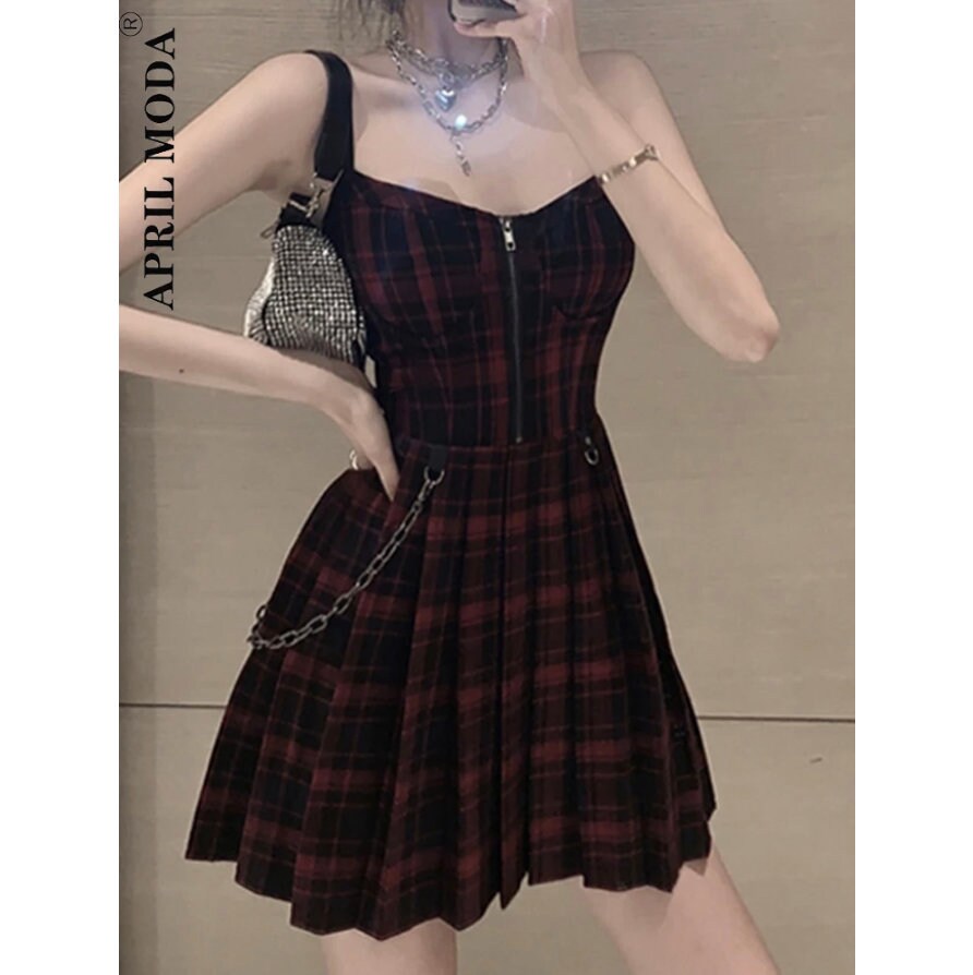 Gothic goth emo dark Girls Red Plaid Pleated Emo Alt Dress Y2K Zip Up black Punk Black Spaghetti Strap Mini Short Jurken Goth Streetwear # 46