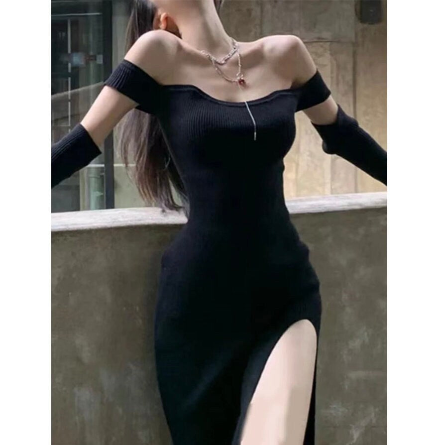 Gothic classy off sholder little black dress Sexy Split Off Shoulder Knitted Black Dress Female Club Party Y2K Bodycon Harajuku Clothing # 140