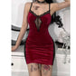 Gothic InsGoth Goth emo Vintage Red Velvet Sexy Women Dress Grunge Aesthetic Hollow Out Lace Patchwork Bodycon Backless Slip Party Dresses  # 133