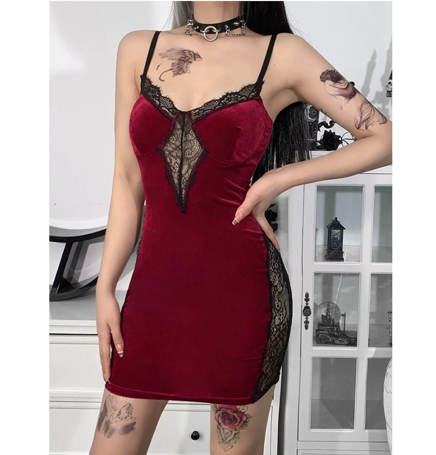 Gothic InsGoth Goth emo Vintage Red Velvet Sexy Women Dress Grunge Aesthetic Hollow Out Lace Patchwork Bodycon Backless Slip Party Dresses  # 133