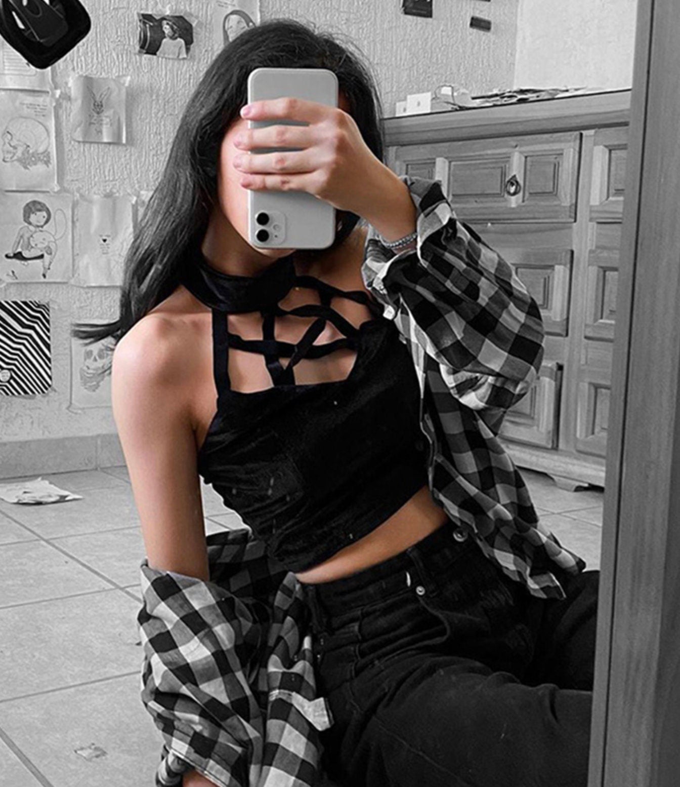 Gothic emo Goth Pentagram Black Camis Vintage Velvet Sexy Corset Tops Gothic Halter Backless Hollow Out Crop Tops Basic Streetwear # 282