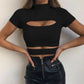 Gothic goth emo black strechy Chest Hollow Out Crop Tops Summer Sexy O-Neck Short Sleeve Solid Slim Tank Tops Tee Shirt Female Casual Camis # 170