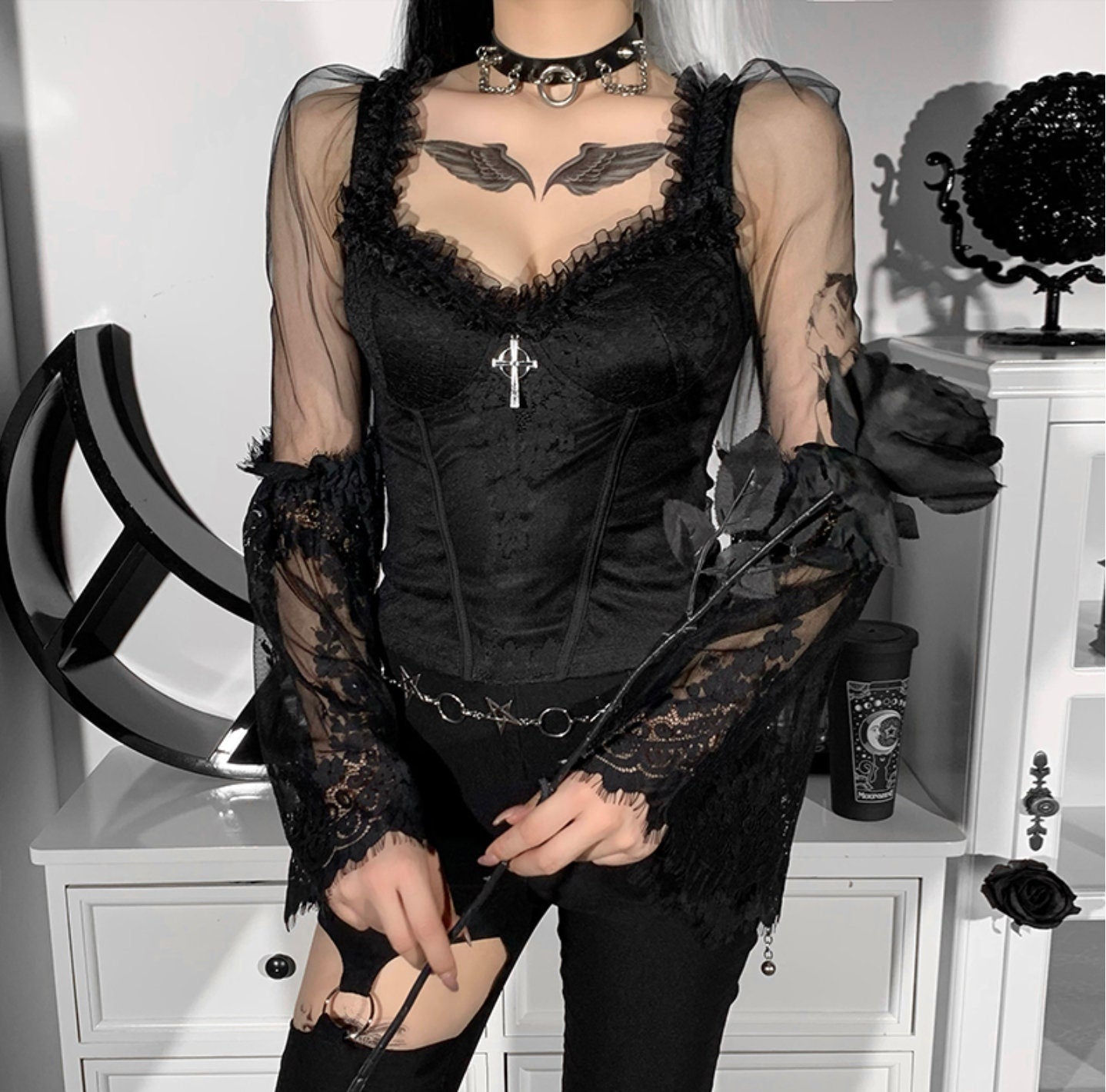 Goth gothic punk Black Bodycon Crop Top Women's crop top Aesthetic Sexy V-Neck Long Sleeve Corset Y2K Harajuku Vintage Korean Fashion Tops # 295