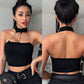 Gothic goth emo Punk Style sexy velvet Choker Halter Top Women Sexy Fashion Slim Cami Backless Buckle Top Summer Tank Tops silver chain # 296