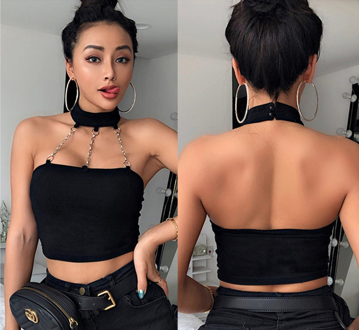 Gothic goth emo Punk Style sexy velvet Choker Halter Top Women Sexy Fashion Slim Cami Backless Buckle Top Summer Tank Tops silver chain # 296