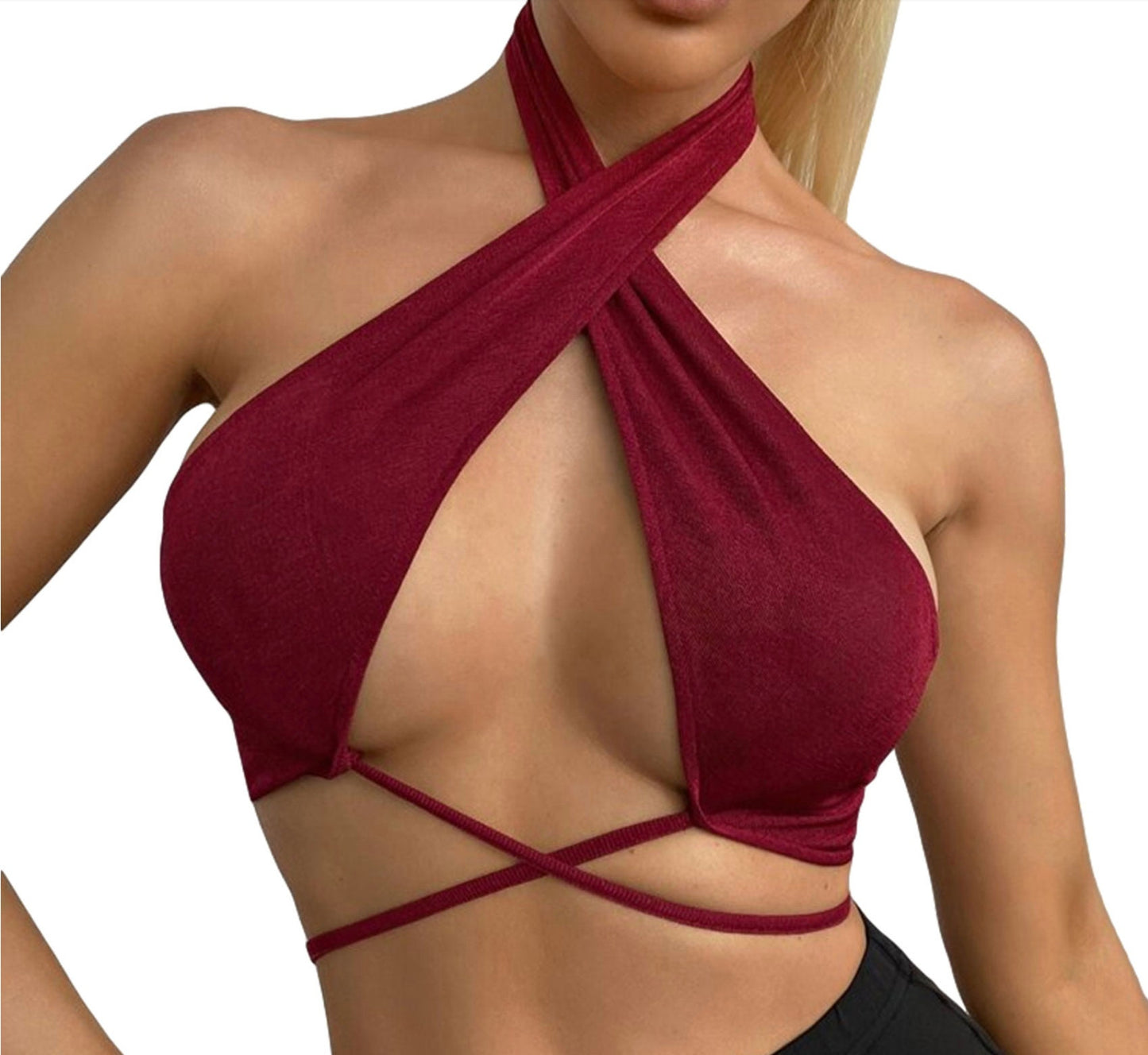 Wine red Sexy gothic Bandage Halter Camisole Tops Ladies Sleeveless Backless Solid Color Tank Top Club Summer Fashion Crop Top Streetwear #347
