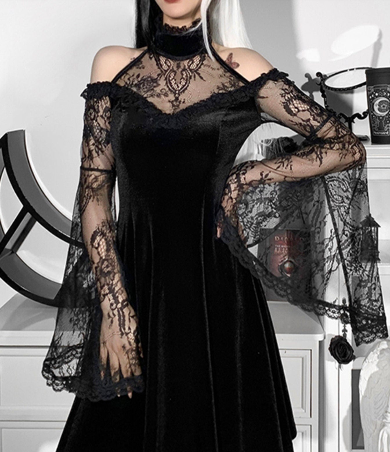 Gothic goth emo punk edgy Sexy Off Shoulder Lace Trim Dress Aesthetic Punk Black Velvet Flare Sleeve Mini Dresses Fairy Grunge Ruffle Dress # 116