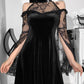 Gothic goth emo punk edgy Sexy Off Shoulder Lace Trim Dress Aesthetic Punk Black Velvet Flare Sleeve Mini Dresses Fairy Grunge Ruffle Dress # 116