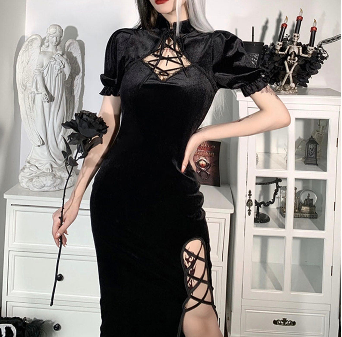 Goth gothic emo dark Vintage Elegant Black Velvet Dress Women Harajuku Lace Up High Waist Slit Dresses Aesthetic Slim Party Dress Cheongsam # 117