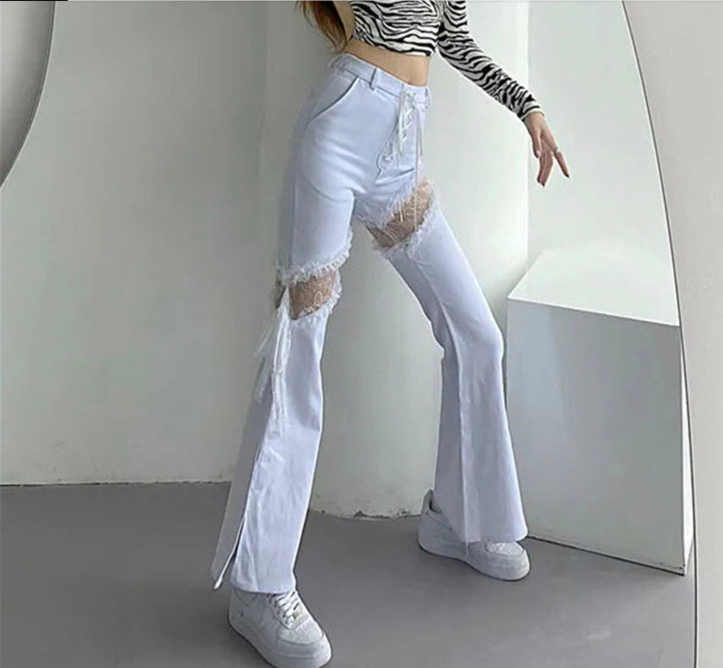 Gothic edgy goth Y2k Lace Stitching Hollow Out Side Slit Bandage High Waist Flared Jeans Slim Punk Streetwear Denim Pants Harajuku Trouser # 192