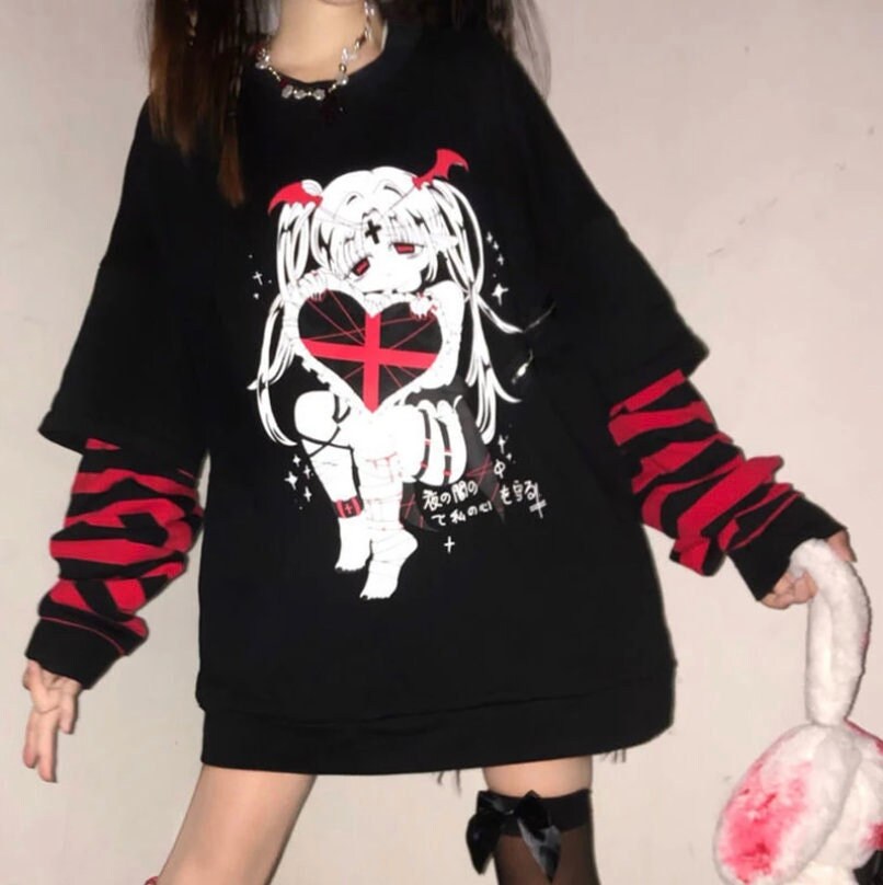 Emo Style dark scary Streetwear Gothic Anime goth emo Sweatshirt Punk Long Sleeve 2000s Graphic Tees Y2k Fairy Grunge Goth Egirl Alt Clothes  # 157