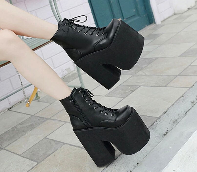 Height 17cm Chunky Heel Motorcycle Boots Women Platform Ankle Boots Punk Cosplay Thick Sole emo Gothic Shoes black high platform boots goth # 33