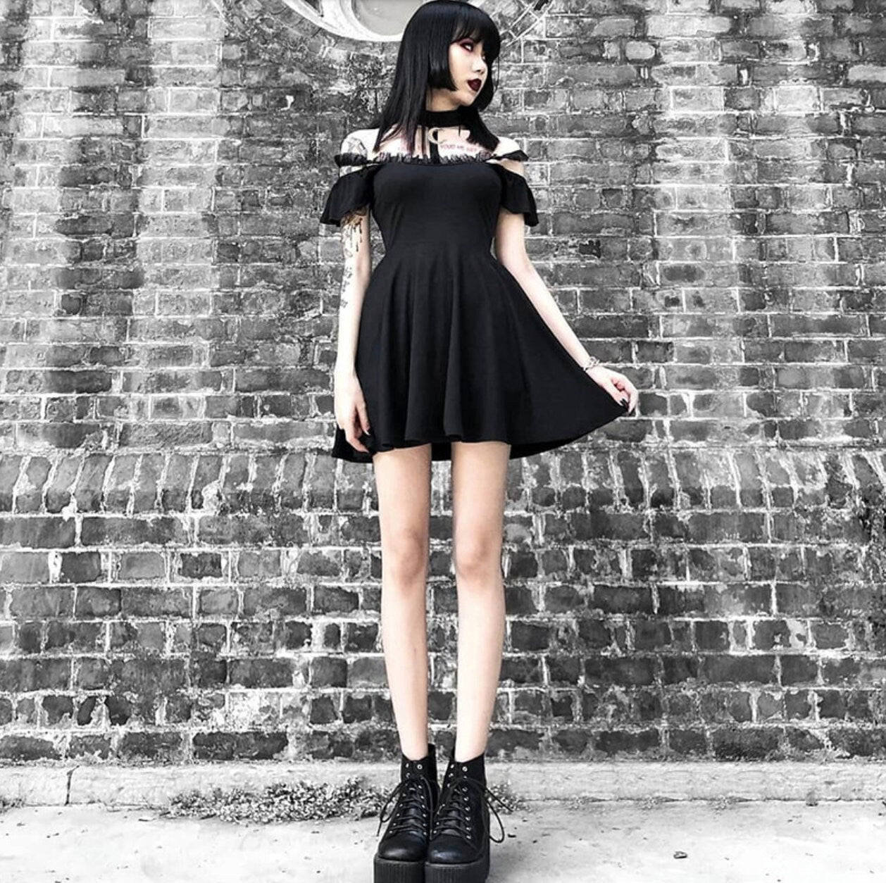 Casual Hollow Out Black Mini Dress Vintage Bandage Harajuku Punk Mesh Moon Female Gothic Streetwear Punk Patchwork Emo 90s Dress # 125