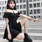 Casual Hollow Out Black Mini Dress Vintage Bandage Harajuku Punk Mesh Moon Female Gothic Streetwear Punk Patchwork Emo 90s Dress # 125