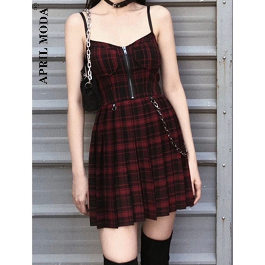 Gothic goth emo dark Girls Red Plaid Pleated Emo Alt Dress Y2K Zip Up black Punk Black Spaghetti Strap Mini Short Jurken Goth Streetwear # 46