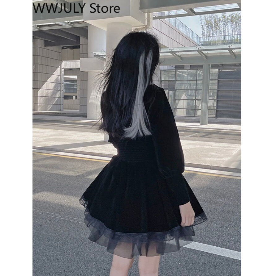 Gothic dark goth emo Black Velvet Y2k Mini Dress Woman Gothic Kawaii Lolita Dress Party Long Sleeve Korean Fashion Dress Lace Design Slim  # 130