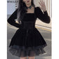 Gothic dark goth emo Black Velvet Y2k Mini Dress Woman Gothic Kawaii Lolita Dress Party Long Sleeve Korean Fashion Dress Lace Design Slim  # 130