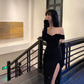 Gothic classy off sholder little black dress Sexy Split Off Shoulder Knitted Black Dress Female Club Party Y2K Bodycon Harajuku Clothing # 140