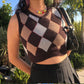 Gothic goth emo dark V Neck Vintage Argyle Sweater Vest Women Black Sleeveless Plaid Knitted Crop Sweaters Casual Autumn Preppy Style tops # 325