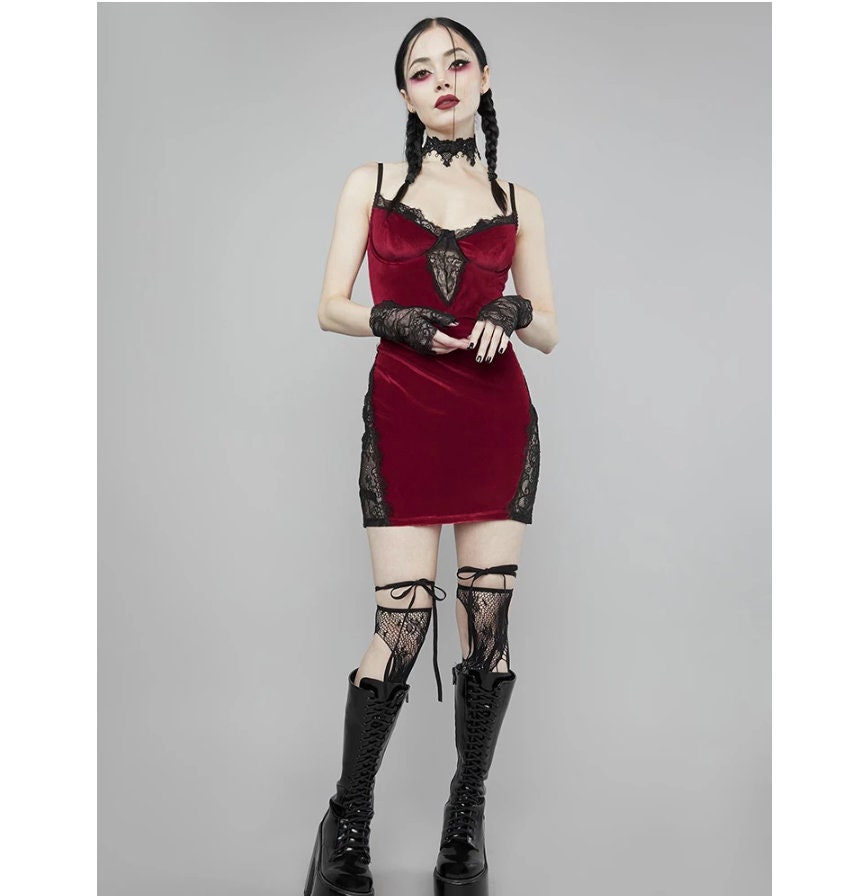 Gothic InsGoth Goth emo Vintage Red Velvet Sexy Women Dress Grunge Aesthetic Hollow Out Lace Patchwork Bodycon Backless Slip Party Dresses  # 133