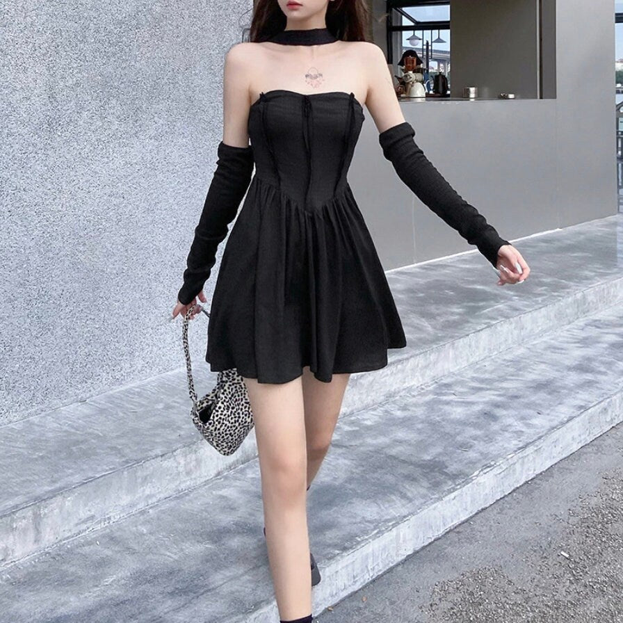 Mall Goth gothic dark black Elegant Sexy Backless Dress Women Streetwear Y2K Punk Halter High Waist Mini Dress Dark Gothic Emo Alt Corset