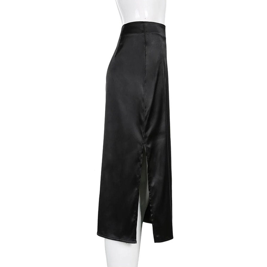 Gothic goth emo dark lace Vintage Brown High Waist Skirt Female Harajuku Satin Long Skirt Side Split Ladies Summer Skirts Gothic Clothes # 221
