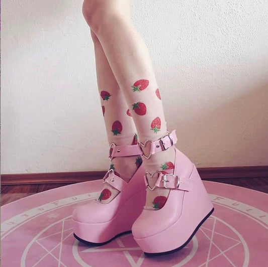 Pink platform boots pink silver ring Ladies Pink Sweet Cute women's Pumps Wedges High Heels Pumps Fashion Platform Lolita Gothic Shoes Woman # 39
