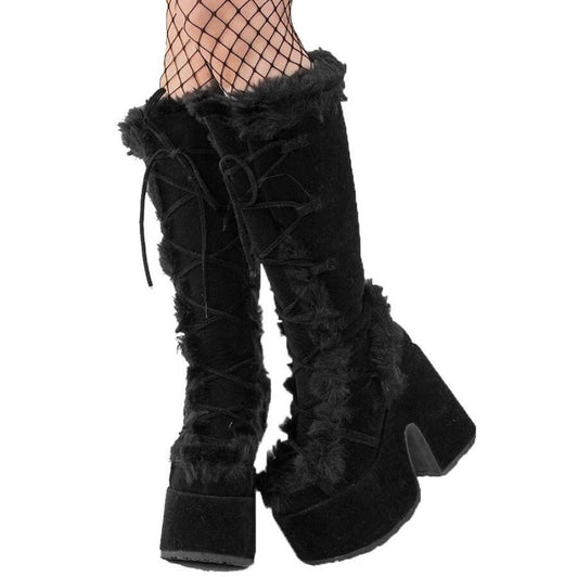 Goth bimbo bimbofacation fur russian bimbo platform boots alt fur Gothic Chunky Boots High Heel Chunky Heels Platform Warm Boots Shoes Women # 21